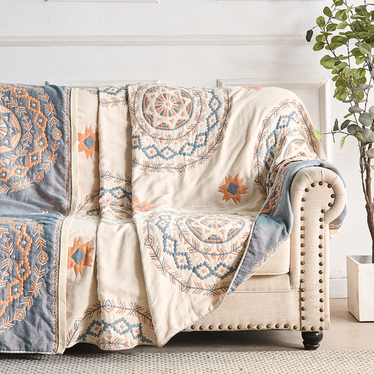 COUVERTURE RUSTIQUE MANDALA SEREINE — 100% coton, réversible pour sublimer votre intérieur