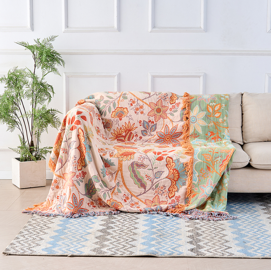 COUVERTURE BOHÈME FLORALE RUSTIQUE — 100% coton, réversible pour sublimer votre intérieur