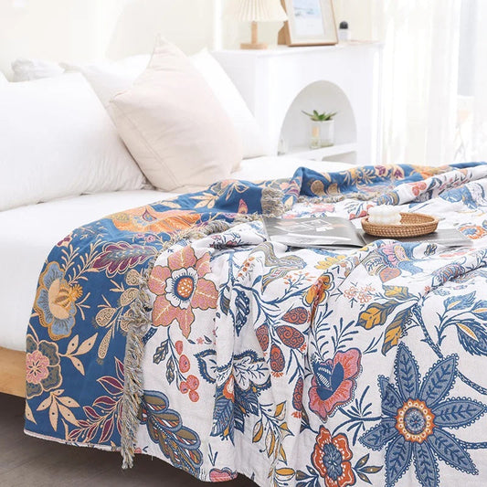 COUVERTURE ARTISTIQUE FLORALE — 100% coton, réversible pour sublimer votre intérieur